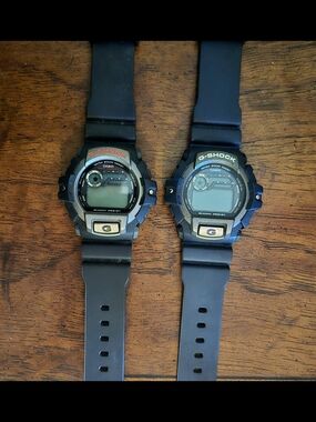 Casio G-Shock Digital Watch Pair in Black with Gold Accents And One Navy blue